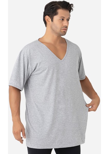 Erkek Gri V Yaka Kısa Kollu Büyük Beden Basic Tişört %100 Pamuklu Penye modelleri