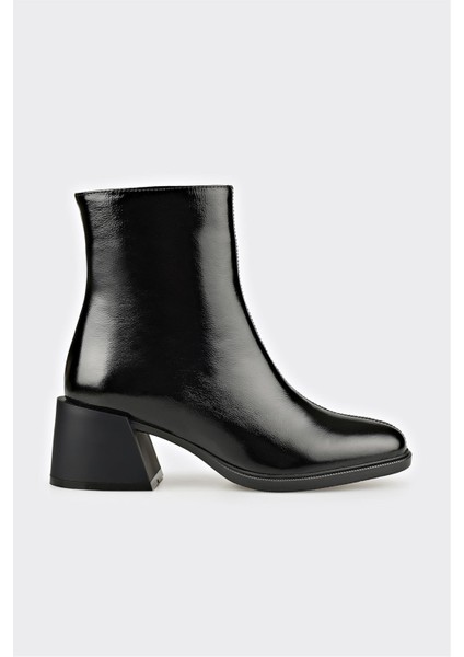 Siyah Deri Kadın Topuklu Bot