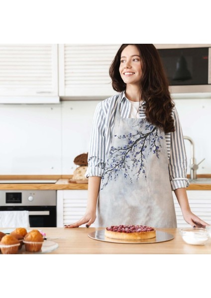 Blue Mini Flowers Mutfak Önlüğü (Keten Kumaş, Uluslararası Yıkama ve Solmama Sertifikası)