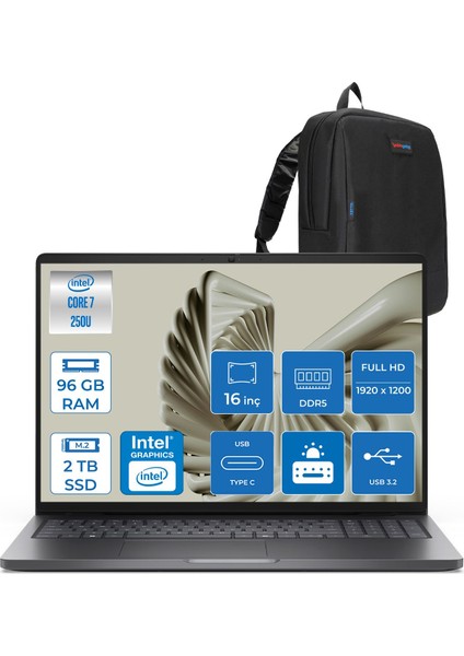 Pro 16 PC16250 Intel Core 7 250U 96GB Ddr5 2tb SSD 16 Fhd+ IPS (1920X1200) 300 Nits Freedos Taşınabilir Bilgisayar. PC16250C7325F29+ZETTAÇANTA