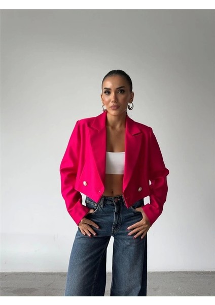 Arkası Inci Düğme Detaylı Crop Ceket - Fuşya