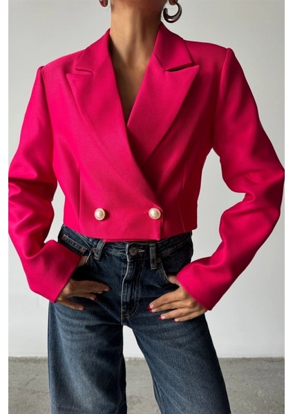 Arkası Inci Düğme Detaylı Crop Ceket - Fuşya fırsatları