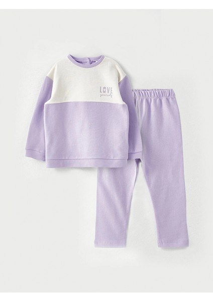 Lcw Baby Lila Bisiklet Yaka Uzun Kollu Baskılı Kız Bebek Sweatshirt ve Eşofman Alt 2'li Takım indirimleri