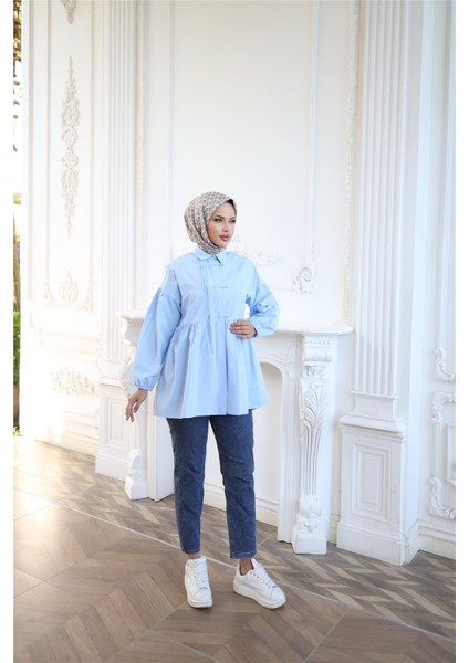 Kolları Lastikli Belden Büzgülü Bağcık Düğmeli Gömlek - (38-46) - 71302 - Mavi modelleri