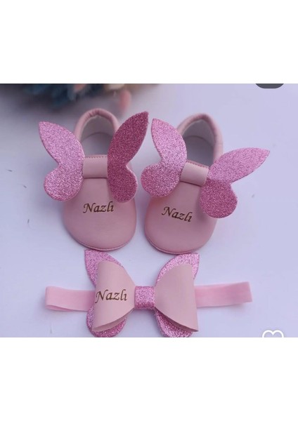 Bebeğinize Özel Pembe Simli Ayakkabı + Saç Bandı