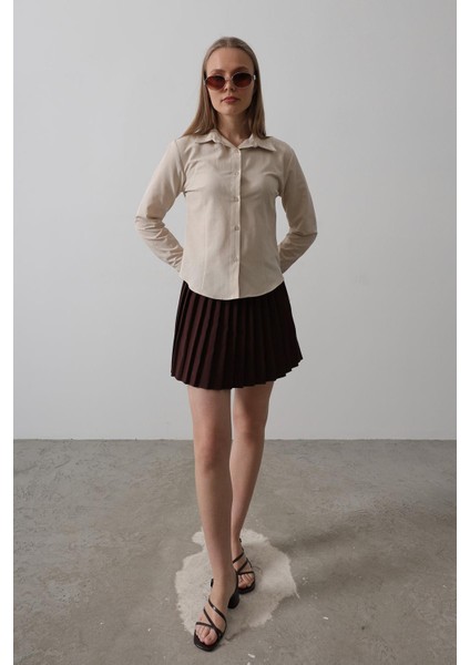 Kadın Uzun Kollu Pamuk Polyester Taş Rengi Gömlek Basic fiyatları