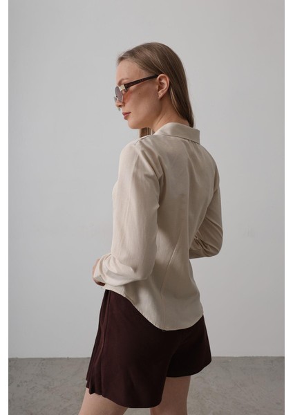 Kadın Uzun Kollu Pamuk Polyester Taş Rengi Gömlek Basic modelleri