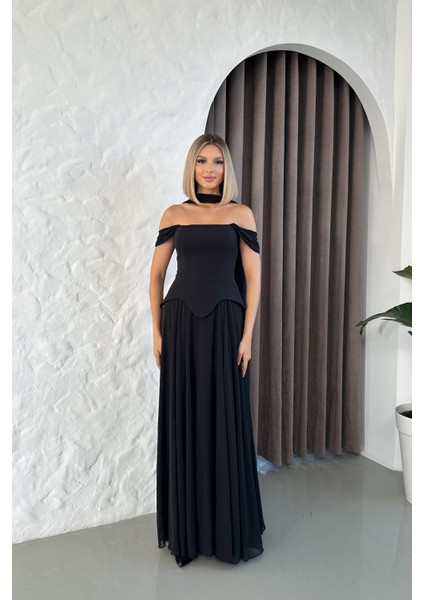 Düşük Omuz Eteği Şifon Uzun Siyah Abiye