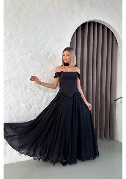 Düşük Omuz Eteği Şifon Uzun Siyah Abiye fiyatları