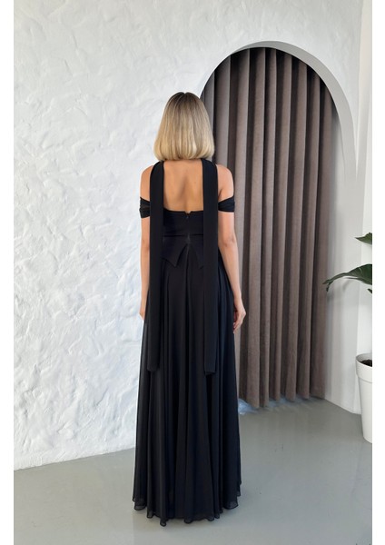 Düşük Omuz Eteği Şifon Uzun Siyah Abiye modelleri