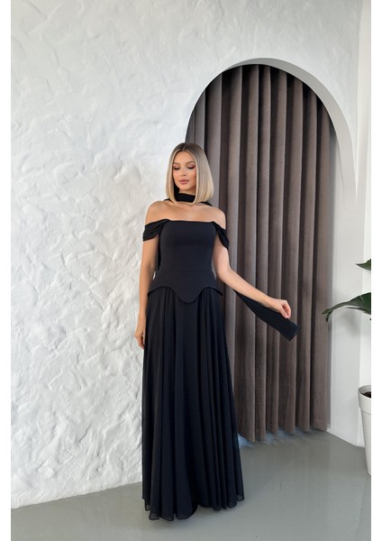 Düşük Omuz Eteği Şifon Uzun Siyah Abiye fırsatları