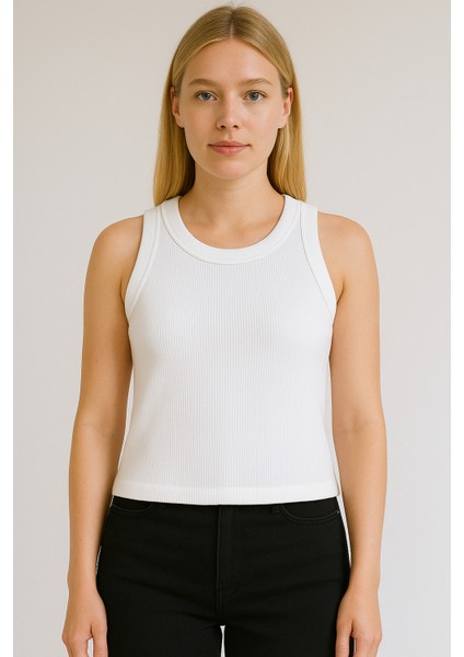 Clemantıs Kadın Kaşkorse Kumaş Askılı Geniş Biyeli Crop Bluz Düz Renk