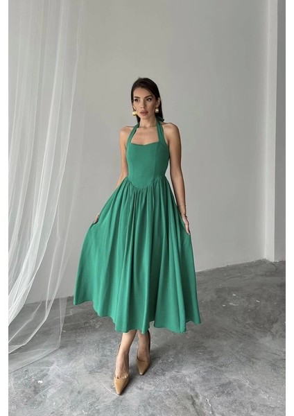 Yeşil Boyundan Bağlamalı Keten Elbise