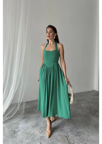Yeşil Boyundan Bağlamalı Keten Elbise modelleri