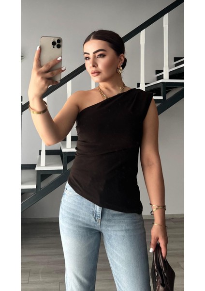 Acı Kahve Tek Omuz Asimetrik Bluz