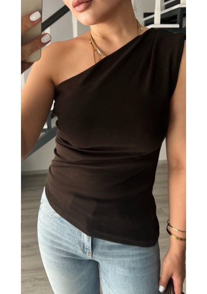 Acı Kahve Tek Omuz Asimetrik Bluz modelleri