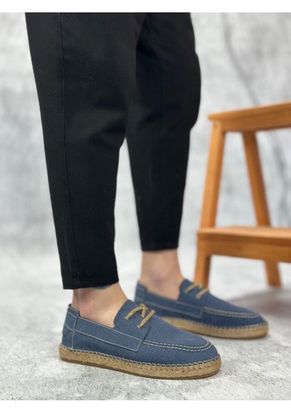 ET0358 Doğal Deri Tozu Bağcıklı Kauçuk El Yapımı Espadril Taban Mavi Renk Erkek Ayakkabı