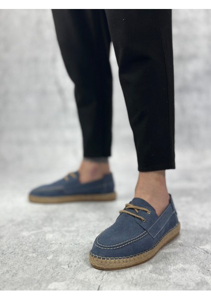 ET0358 Doğal Deri Tozu Bağcıklı Kauçuk El Yapımı Espadril Taban Mavi Renk Erkek Ayakkabı fiyatları