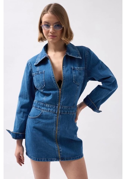 Cep Detaylı Fermuarlı Denim Elbise modelleri