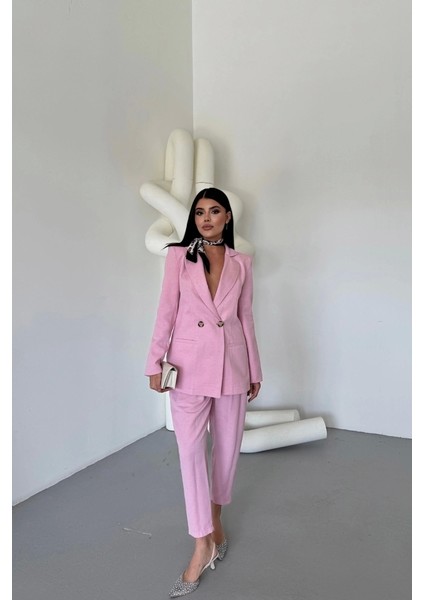 Keten Ceket - Pantolon Takım - Pembe