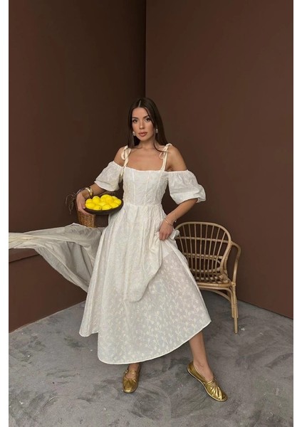 Bej Omuzu Bağcıklı Balon Kollu Brode Elbise fiyatları