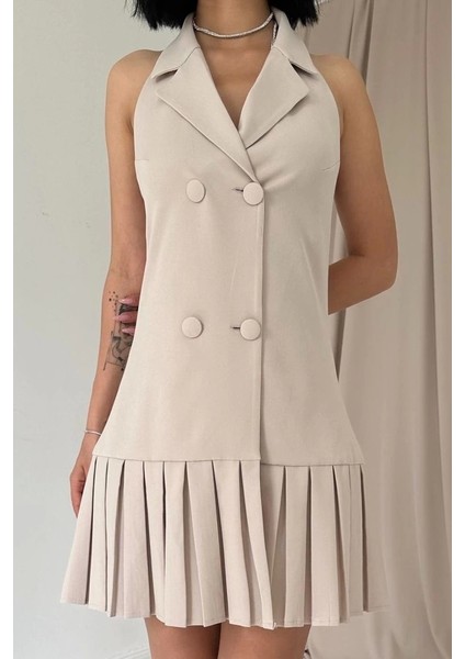 Bej Sırtı Açık Ceket Yakalı Elbise modelleri