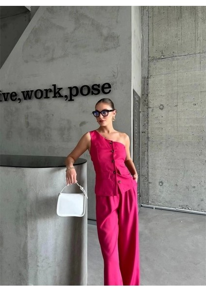 Tek Kol Yelek - Pantolon Takım Atlas - Fuşya