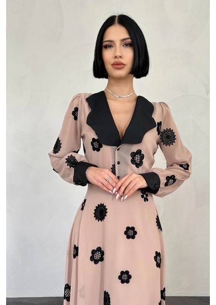 Vizon Yaka Nakışlı Elbise fiyatları