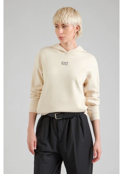 Kadın Kapüşonlu Minimal Logo Baskılı Sweatshirt - Krem
