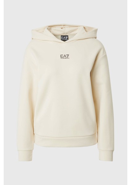 Kadın Kapüşonlu Minimal Logo Baskılı Sweatshirt - Krem indirimleri