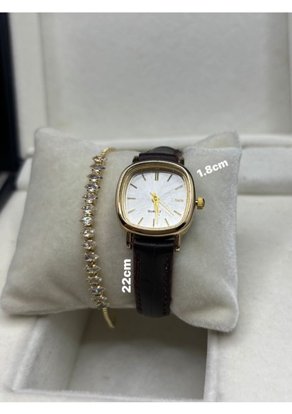 Kadın Kol Saati Koyu Kahve Kordon Retro Still Marka Model Vintage Oval Suyolu Bileklik Gold Kasa 0021
