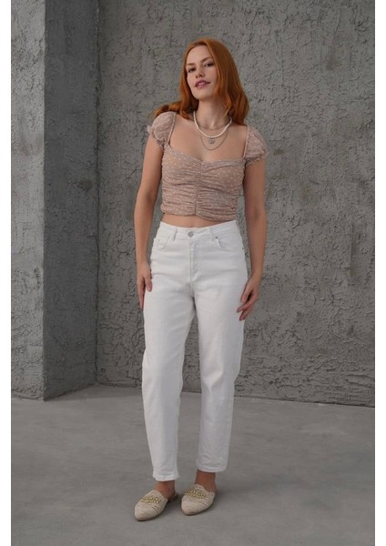 Puantiyeli Belden Oturtmalı Tül Krem Bluz modelleri