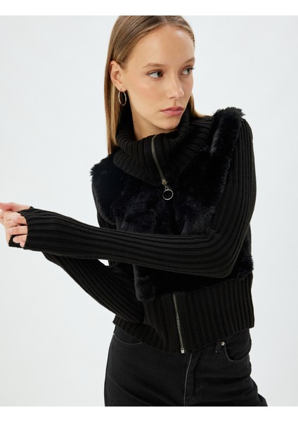 Suni Kürk Hırka Dik Yaka Fermuarlı Ribanalı Slim Fit