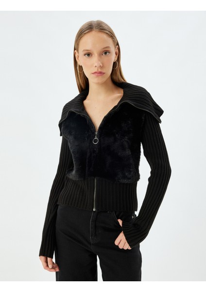 Suni Kürk Hırka Dik Yaka Fermuarlı Ribanalı Slim Fit modelleri