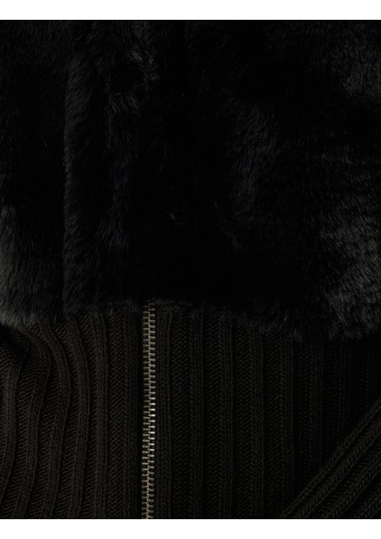 Suni Kürk Hırka Dik Yaka Fermuarlı Ribanalı Slim Fit