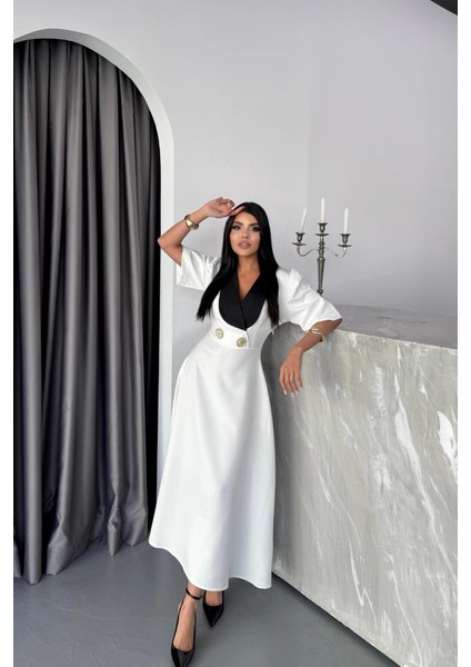 Tasarım Elbise Ceket Yaka Gold Düğme Detaylı Kısa Kol - Beyaz