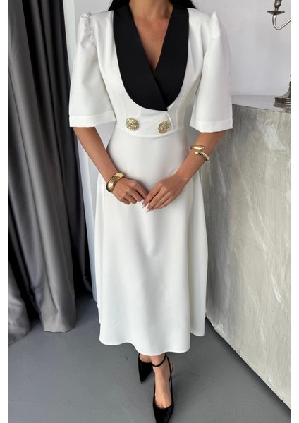 Tasarım Elbise Ceket Yaka Gold Düğme Detaylı Kısa Kol - Beyaz fırsatları