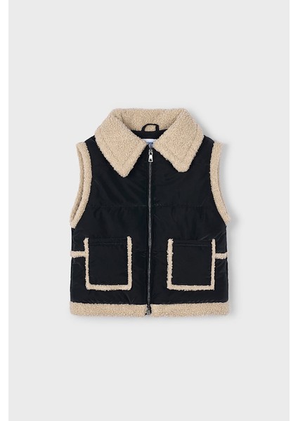Kız Çocuk Pelüş Detaylı Yelek - Siyah/bej