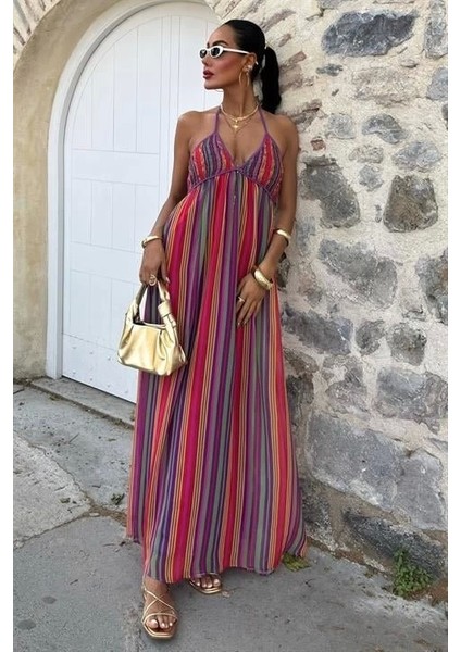 Askılı Pile Detaylı Renkli Maxi Elbise 2748