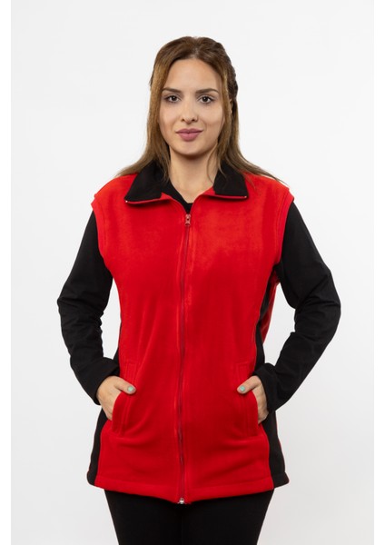 Kadın Önü Fermuarlı Fleto Cepli Kırmızı Siyah Polar Yelek