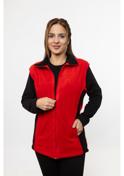Kadın Önü Fermuarlı Fleto Cepli Kırmızı Siyah Polar Yelek fiyatları