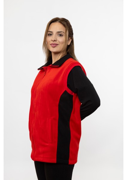 Kadın Önü Fermuarlı Fleto Cepli Kırmızı Siyah Polar Yelek modelleri