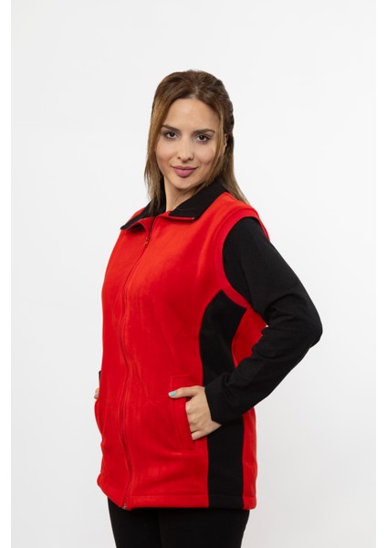 Kadın Önü Fermuarlı Fleto Cepli Kırmızı Siyah Polar Yelek fırsatları