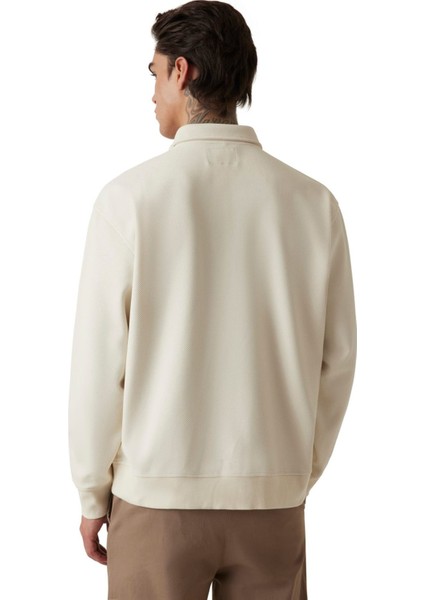 Erkek Dik Yakalı Fermuarlı Aplikeli Sweatshirt - Krem fiyatları