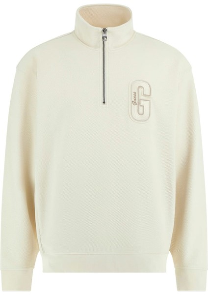 Erkek Dik Yakalı Fermuarlı Aplikeli Sweatshirt - Krem fırsatları