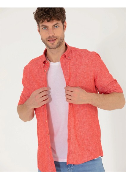 Erkek Regular Fit Uzun Kollu Gömlek-Kırmızı