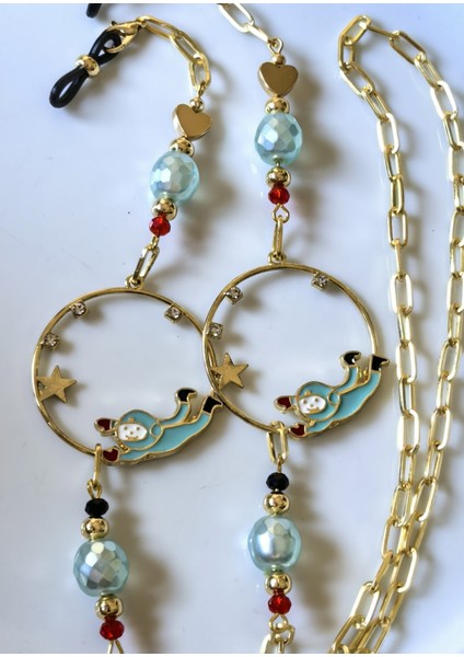 Gözlük Zinciri Altın Kaplama Zincirli Mavi Inci Boncuklu Uzay Temalı Gözlük Zinciri