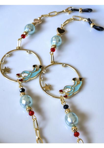 Gözlük Zinciri Altın Kaplama Zincirli Mavi Inci Boncuklu Uzay Temalı Gözlük Zinciri