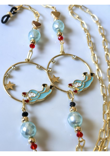 Gözlük Zinciri Altın Kaplama Zincirli Mavi Inci Boncuklu Uzay Temalı Gözlük Zinciri
