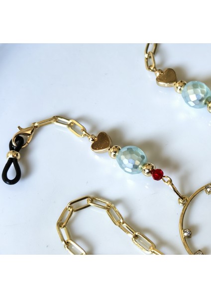 Gözlük Zinciri Altın Kaplama Zincirli Mavi Inci Boncuklu Uzay Temalı Gözlük Zinciri